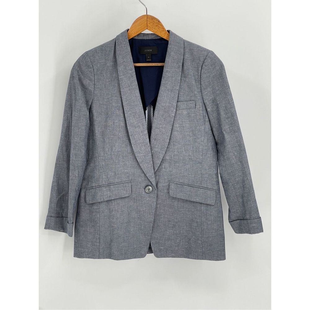 J Crew Blazer Women's Size 4 Blue Gray One Button Jacket Linen Blend